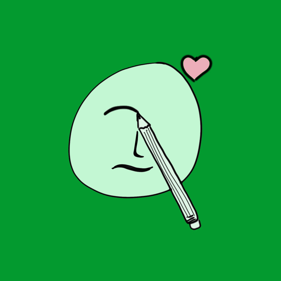A simple Kristen Peairs drawing of a face, pencil, and heart